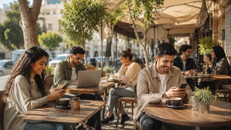 عملاء يستخدمون الإنترنت داخل مقهى